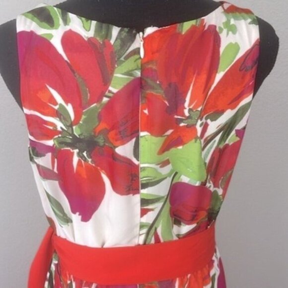 Eliza J Tropical Floral Maxi Gown Chiffon Pleated Sleeveless Dress Cream Red 10 - Picture 5 of 11